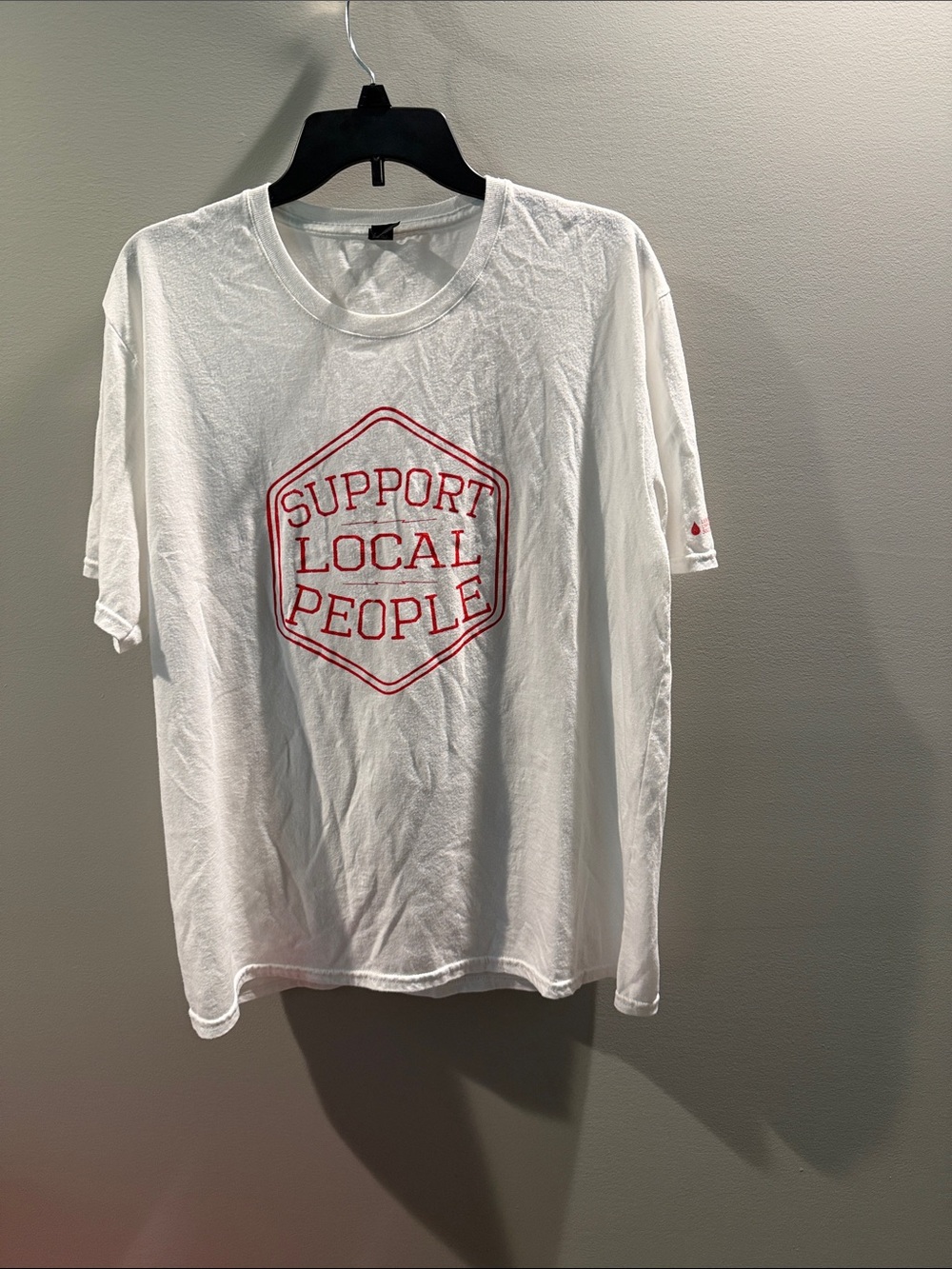 Anvil White Short-Sleeve Tee with Red 'Support Local People' Graphic